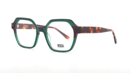 gafa de vista de forma hexagonal con frontal verde y varillas en havana