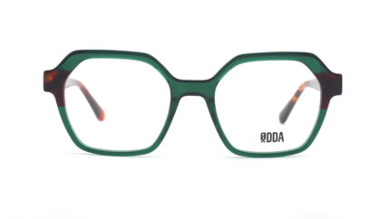 gafa de vista de forma hexagonal con frontal verde y varillas en havana