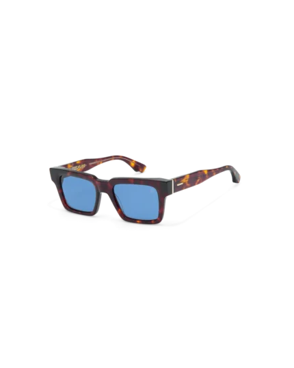 gafa de sol cuadrada de color havana marron con lentes en azul y varilla gruesa masculina