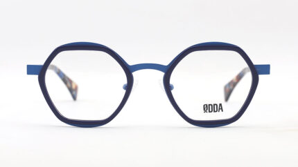 gafa de vista metálica azul combinada en acetato hexagonal y redonda