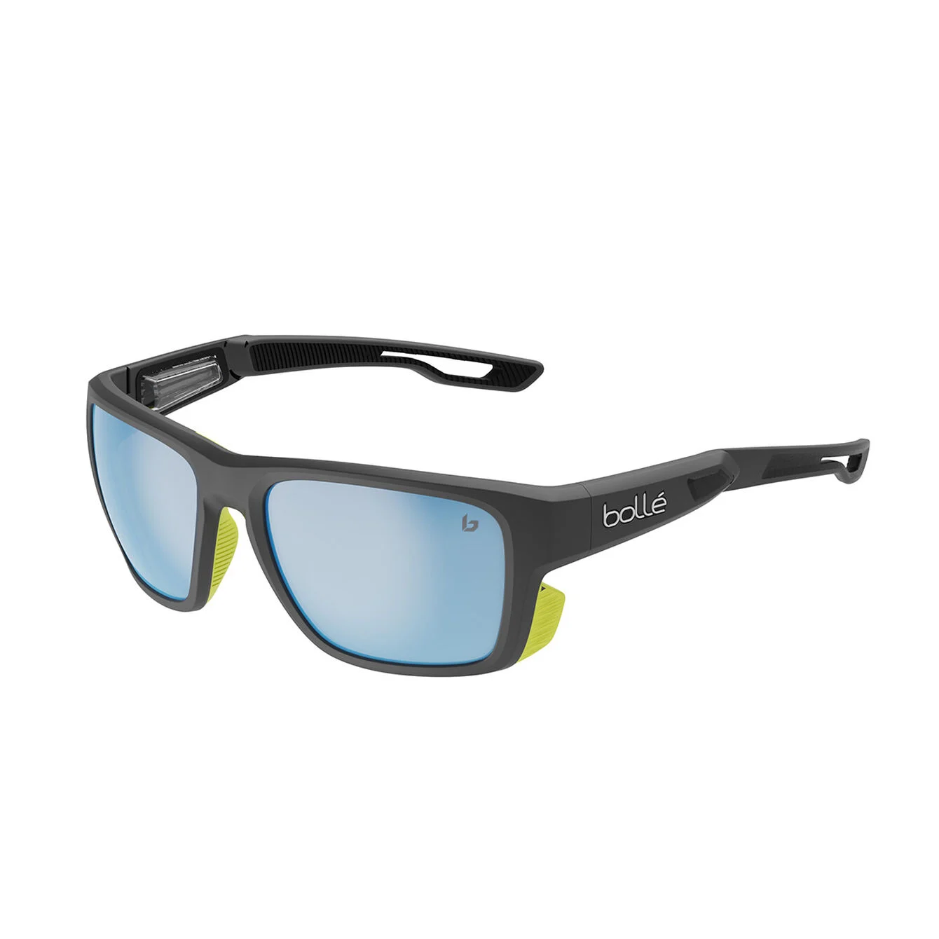 Airdrift_Black Matte Acid-Sky Blue Polarized-01 gafa de sol deportiva flotable curvada en color negro con detalles en amarillo y lente azul