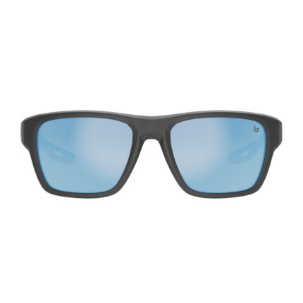 gafa de sol deportiva flotable curvada en color negro con detalles en amarillo y lente azul